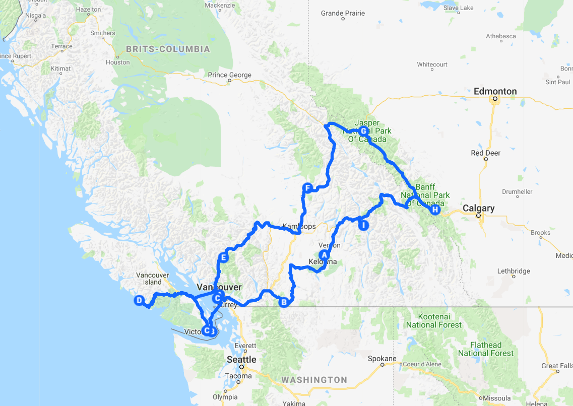 Route camperreis West-Canada 2018 Route camperreis West-Canada 2018